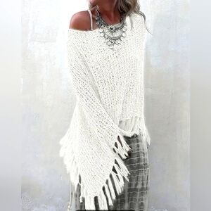 White Knit Poncho With Fringe